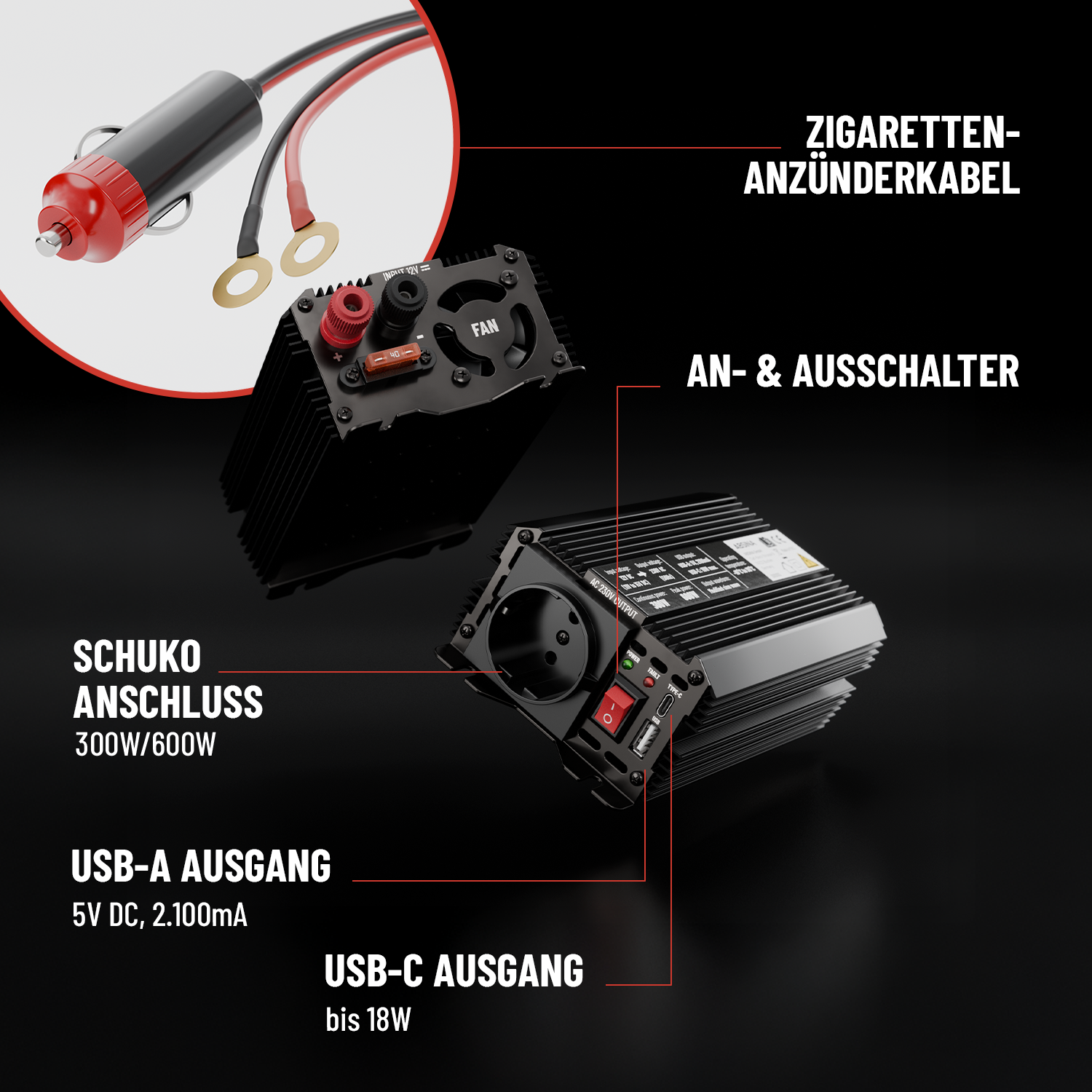 ABSINA 12V auf 230V Spannungswandler - Modifizierter Sinus Wechselrichter