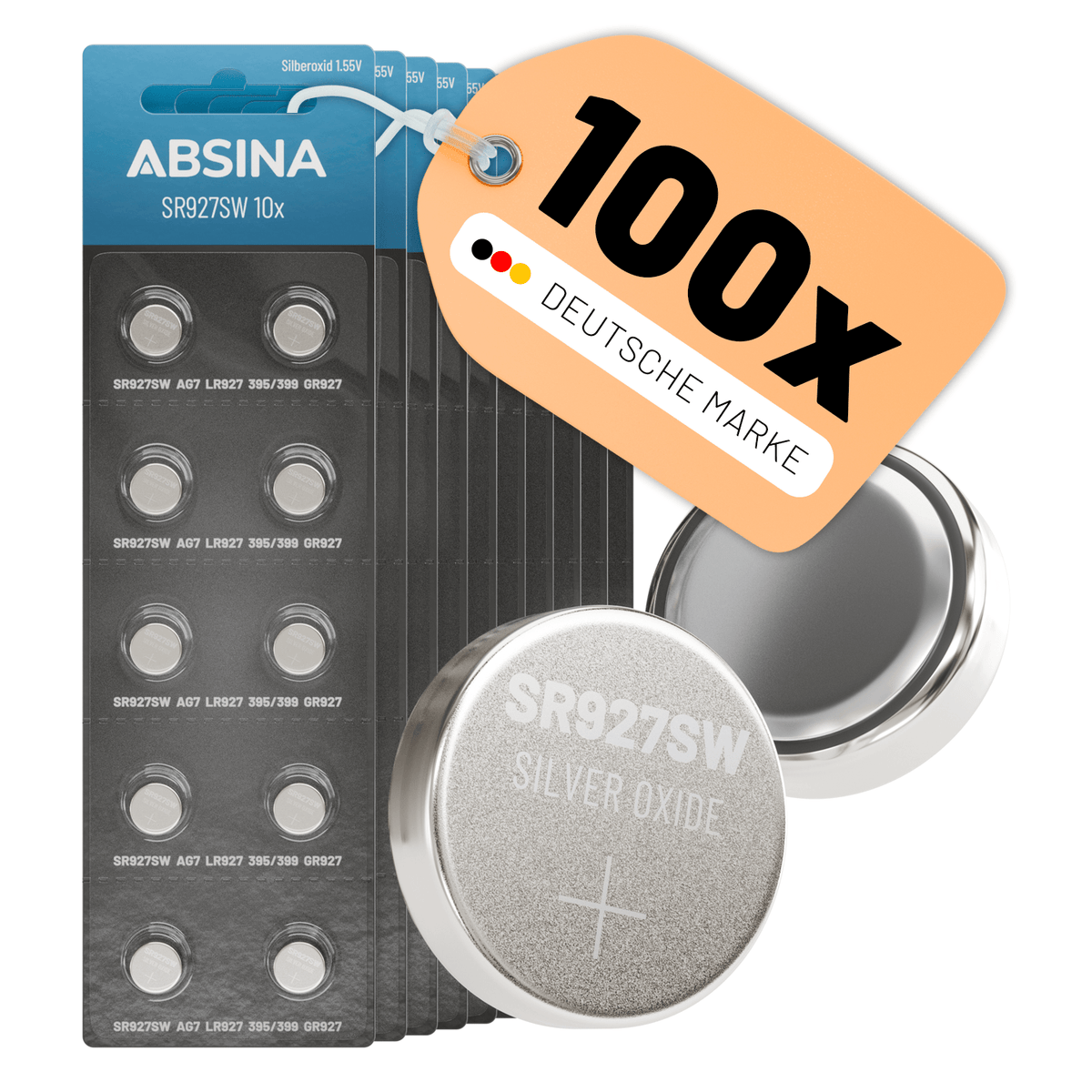 ABSINA 100er Pack SR927SW Uhrenbatterie 1,55V Silberoxid - 395 399 AG7