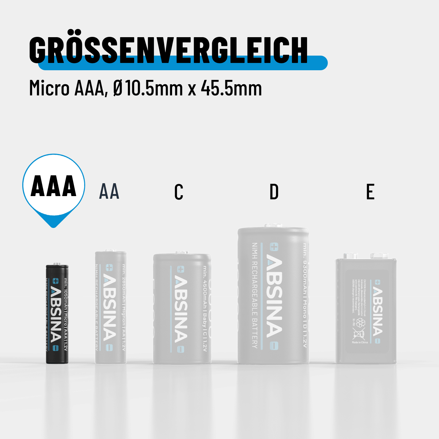 ABSINA Akku Batterien AAA Größenvergleich 401002-5