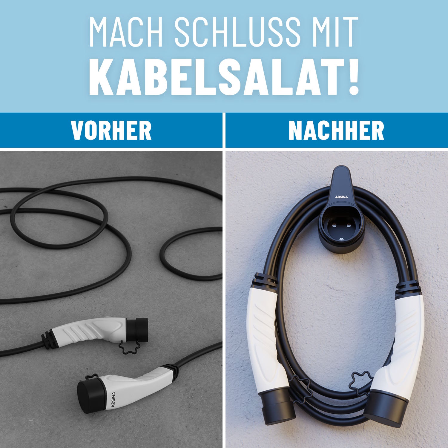 Kein Kabelsalat dank ABSINA Ladekabel Halterung Typ 2