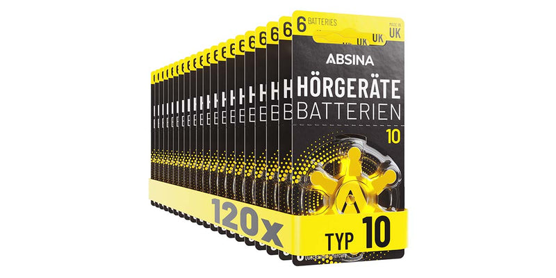 ABSINA Batterien für Hörgeräte Typ 10 als Sparpack erhältlich