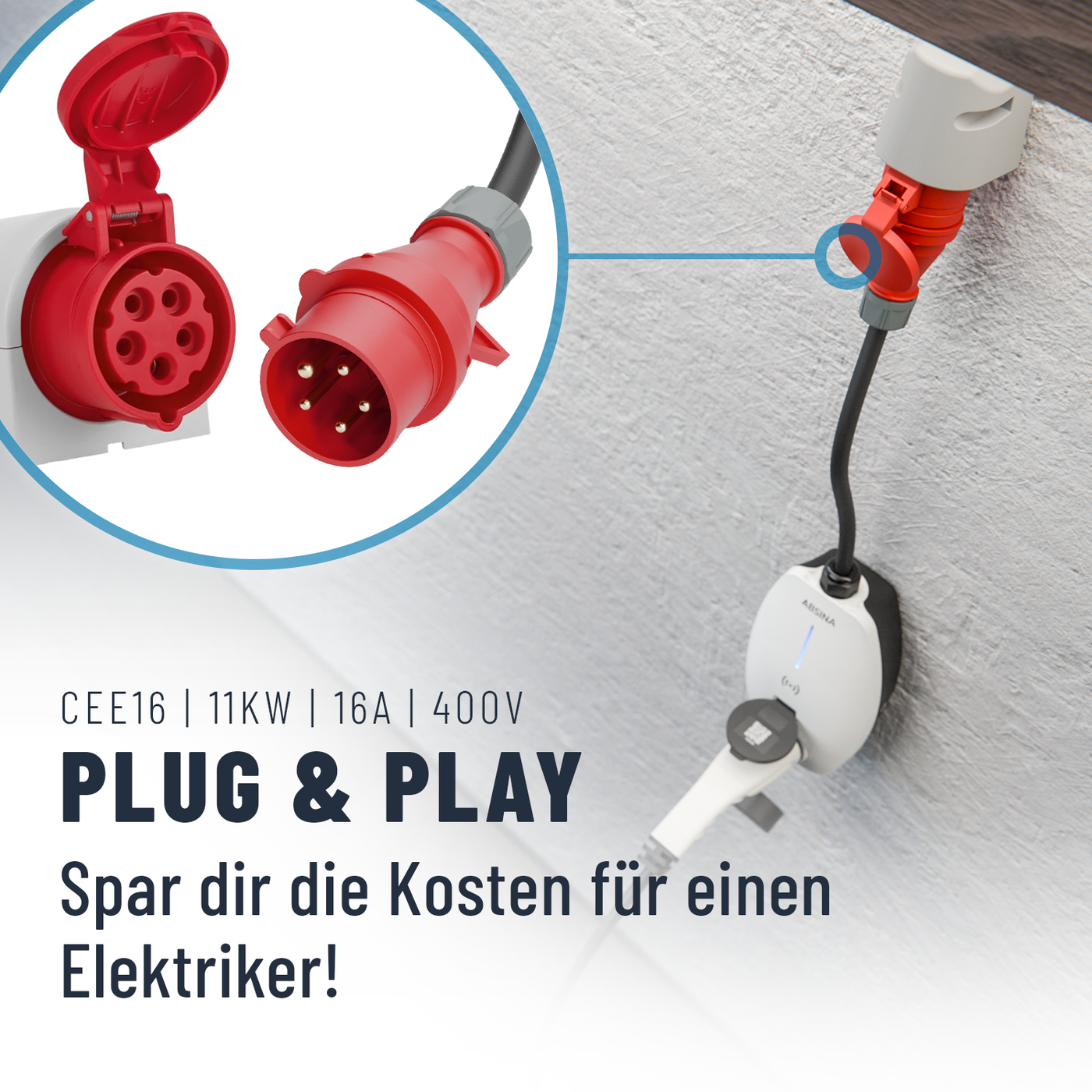 Mobile Wallbox 11KW met plug & play, 5 m, 16 A, 3-fase, instelbare