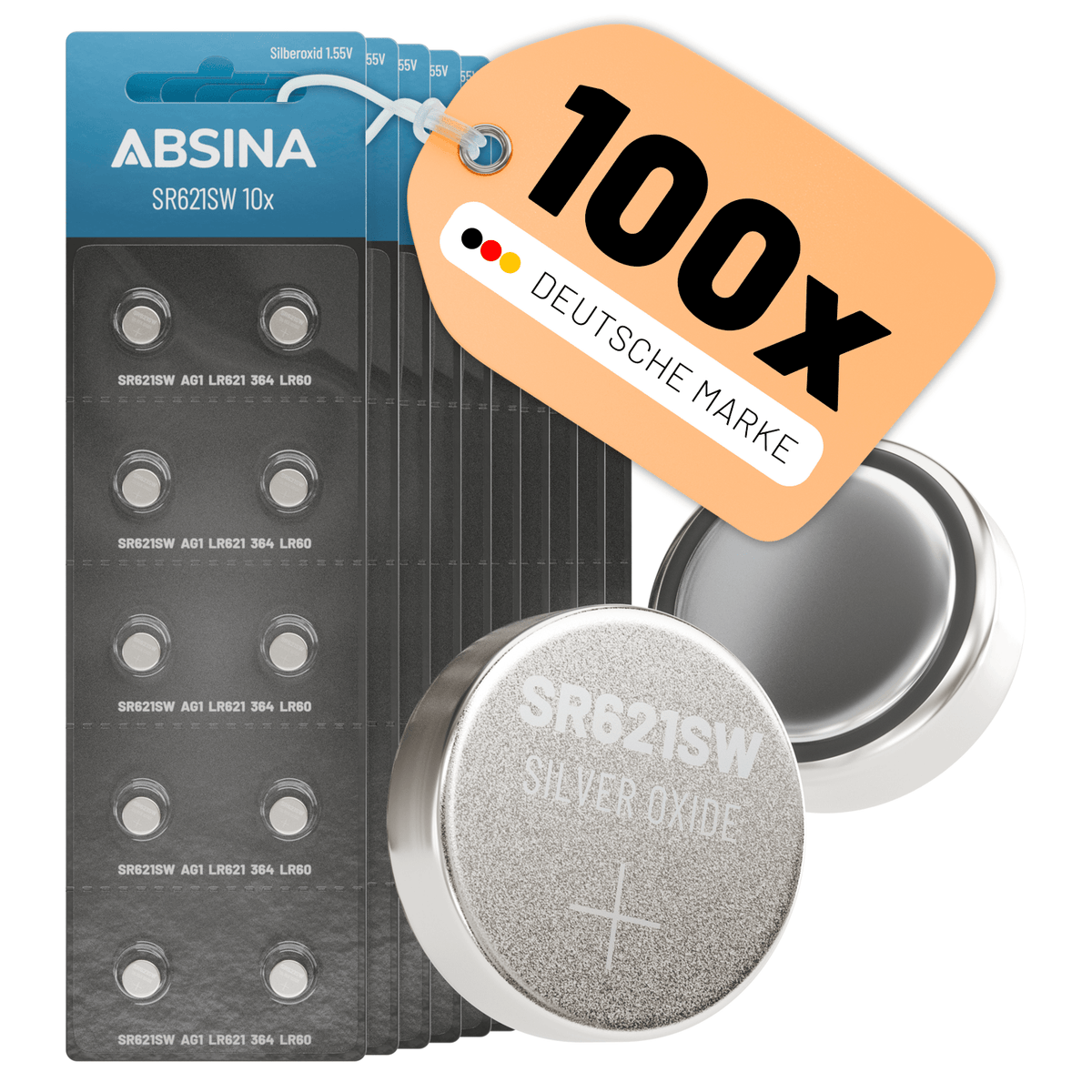 ABSINA 10er Pack SR621SW Uhrenbatterie 1,55V Silberoxid LR621 364 AG1