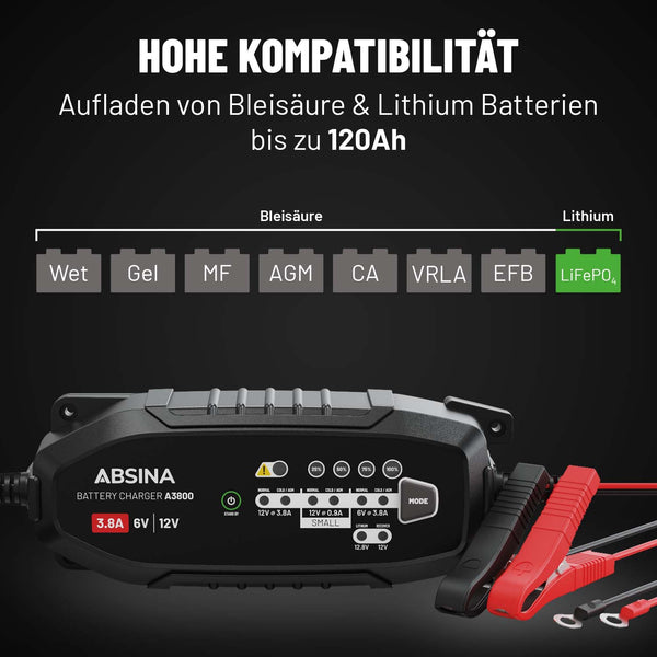 ABSINA KFZ Batterie Ladegerät A3800 mit hoher Kompatibilität