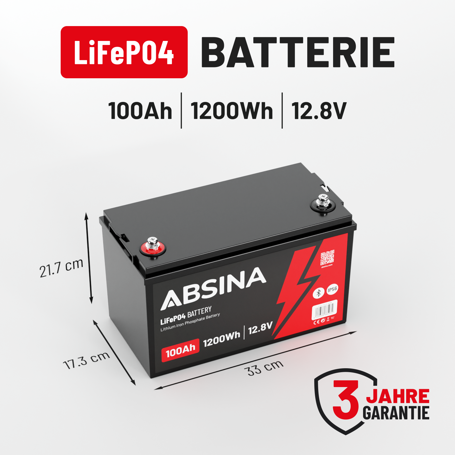 ABSINA LiFePO4 Batterie 100Ah 3 Jahre Garantie
