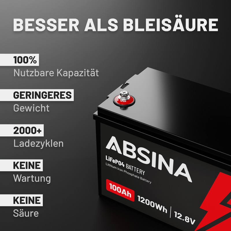 ABSINA LiFePO4 Batterie 100Ah Vergleich zu Bleisäure Batterien