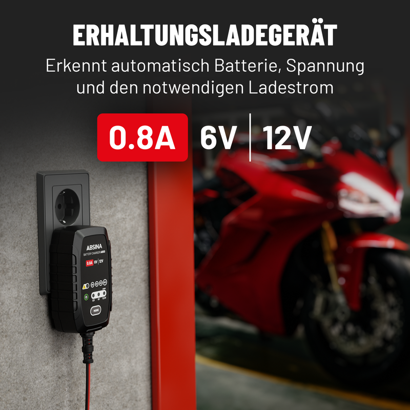 ABSINA Motorrad Batterie Ladegerät mit Erhaltungsladung